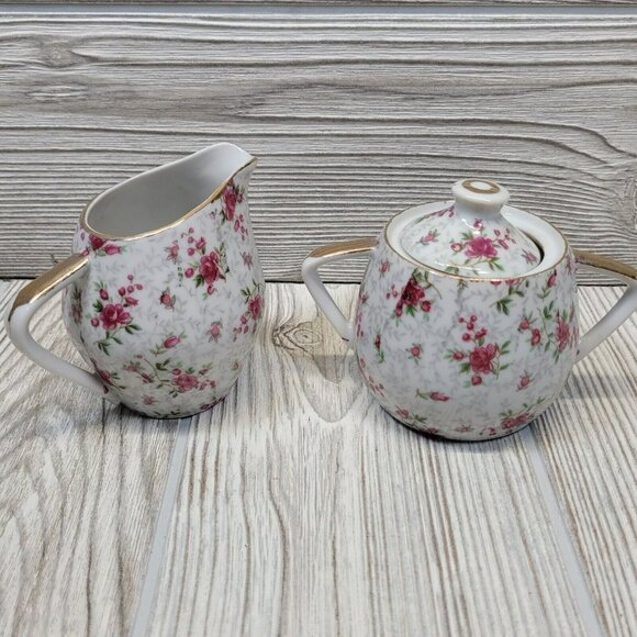 Pink Roses Sugar And Creamer Gold Trim Tea Cottage Core Vintage Boho Chic READ - Picture 1 of 16